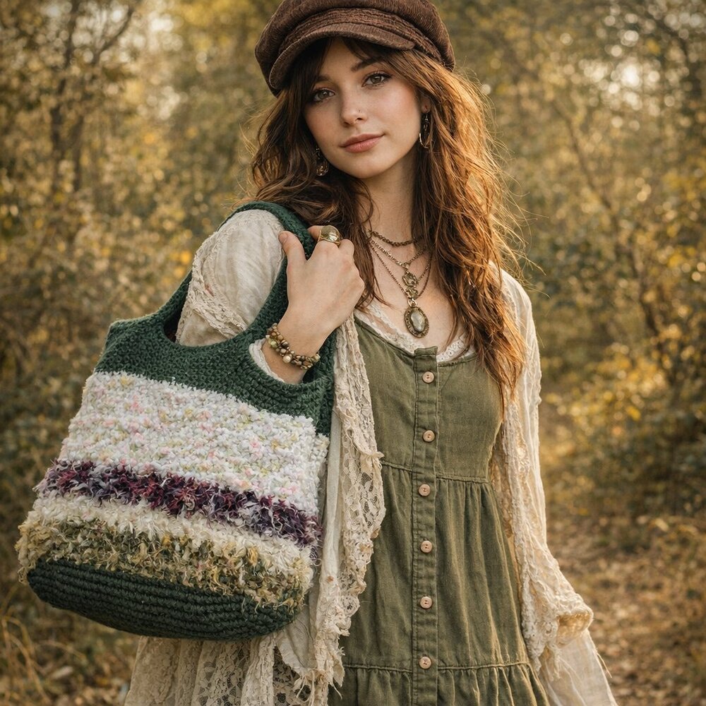 Handmade Crochet Tote Bag OOAK Boho Textured Upcycled Ecko Lining Artisan Purse